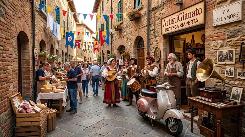 ARTISTIGIANATO Bottega Riaperta: Francesco Sozzi e gli artigiani davanti alla bottega riaperta, bandiere delle contrade e banchi lungo la via