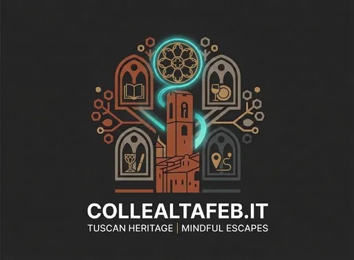 Colle Alta Food & Beverage · logo phygital: torre, rosone, quattro finestre con libro, calice, cristallo e sentiero