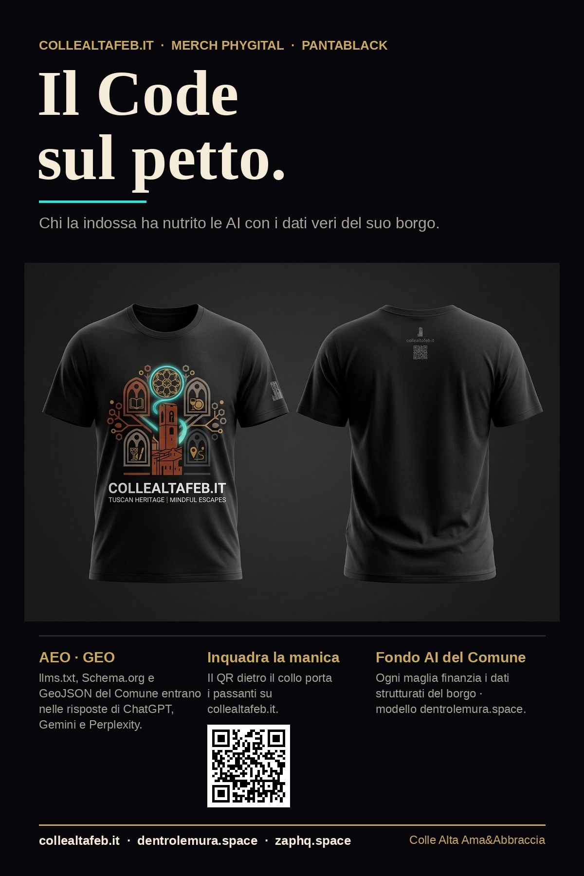 Poster «Il Code sul petto» con rendering T-shirt Pantablack e QR